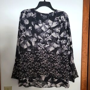 H by Halston black, gray & tan layered look blouse, long sleeve with flare Sz 12